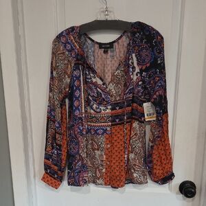 Karen KaneOrange Paisley Patchwork V-Neck Blouse